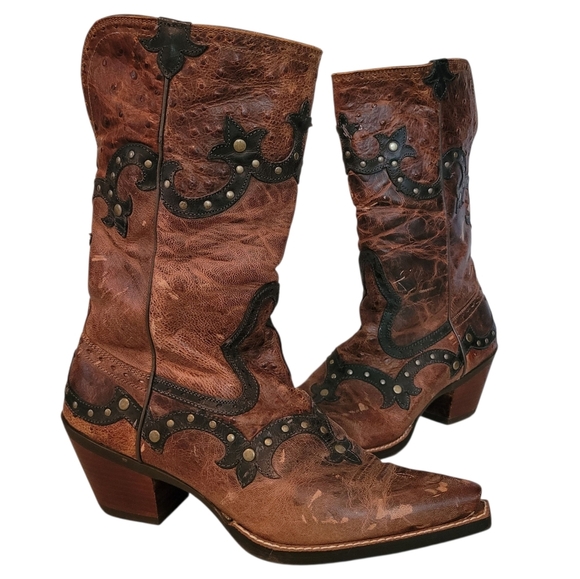 Ariat Leather Brown Textured Tooled Studded Snip Toe Western Cowgirl Boots 9.5 - Picture 1 of 16